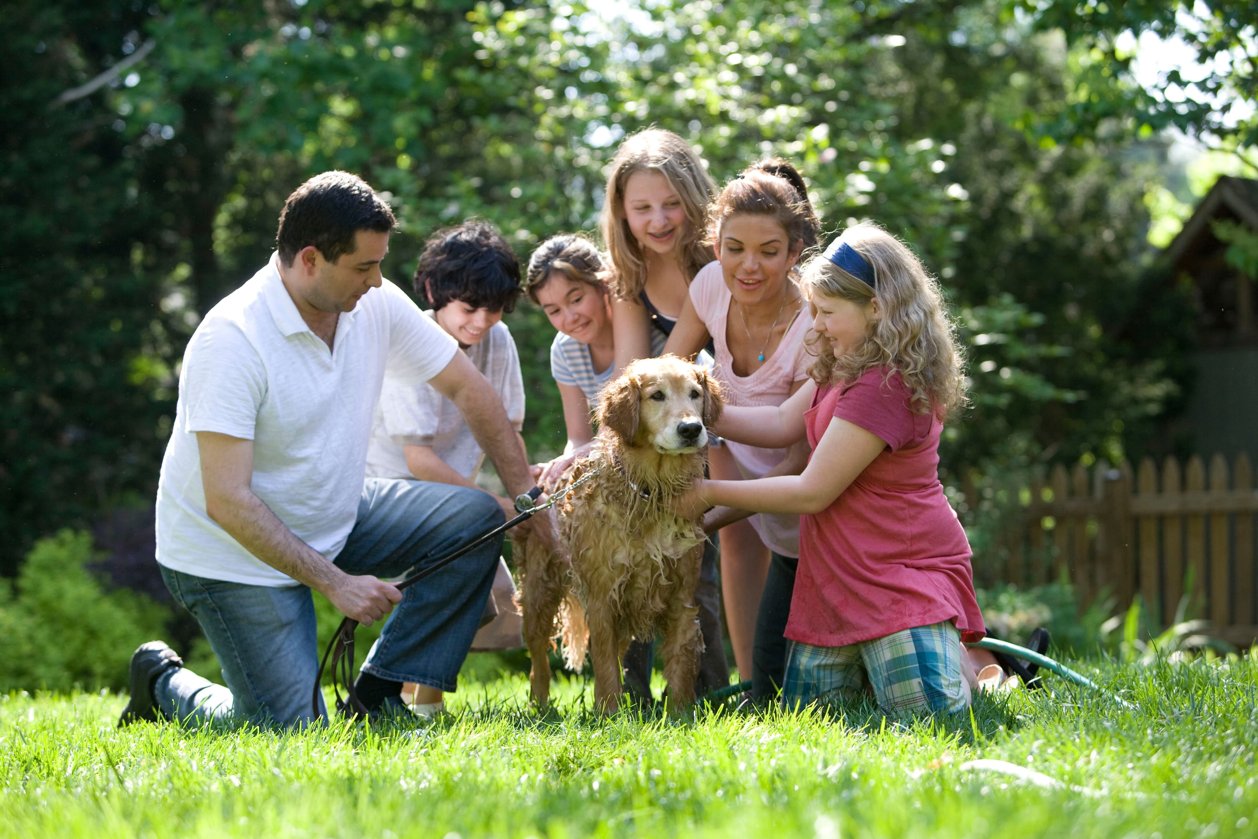 Family giving dog a bath