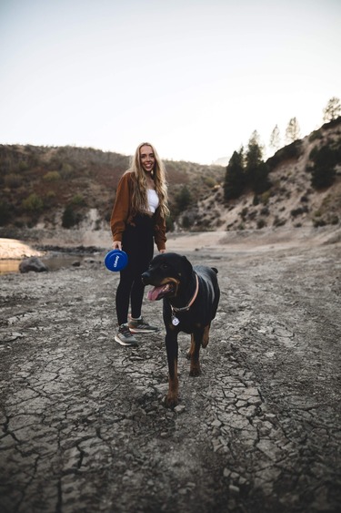 Person with a frisbee and a Rottweiler on sandy path